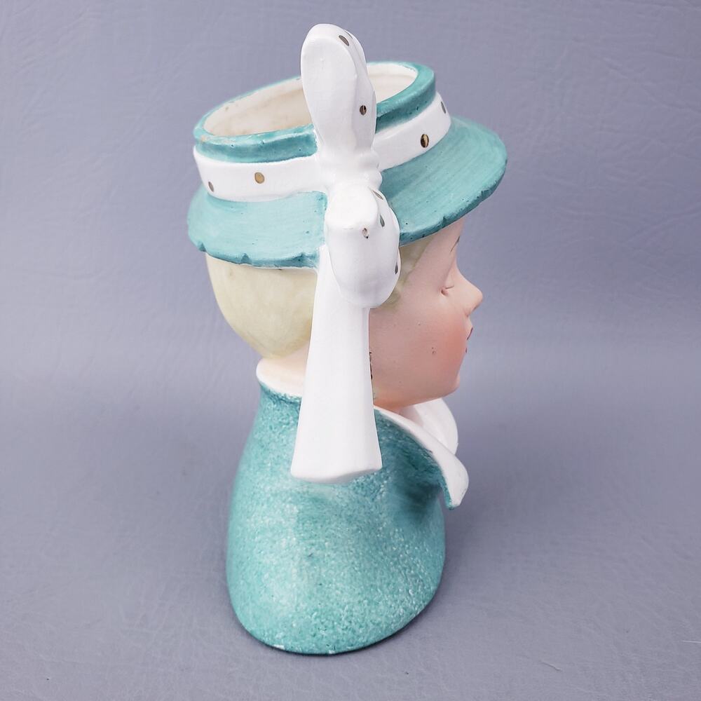 Vintage 1959 Napco Lady Head Vase C3959C Lucille Ball Lucy Aqua Hat 5" Japan - Picture 5 of 13